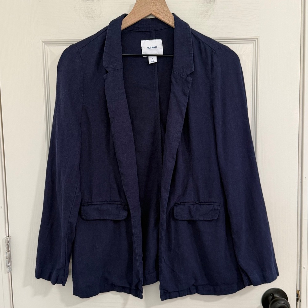 Old Navy Blazer Jacket Womens XS Navy Blue Linen Blend Open Front Coastal